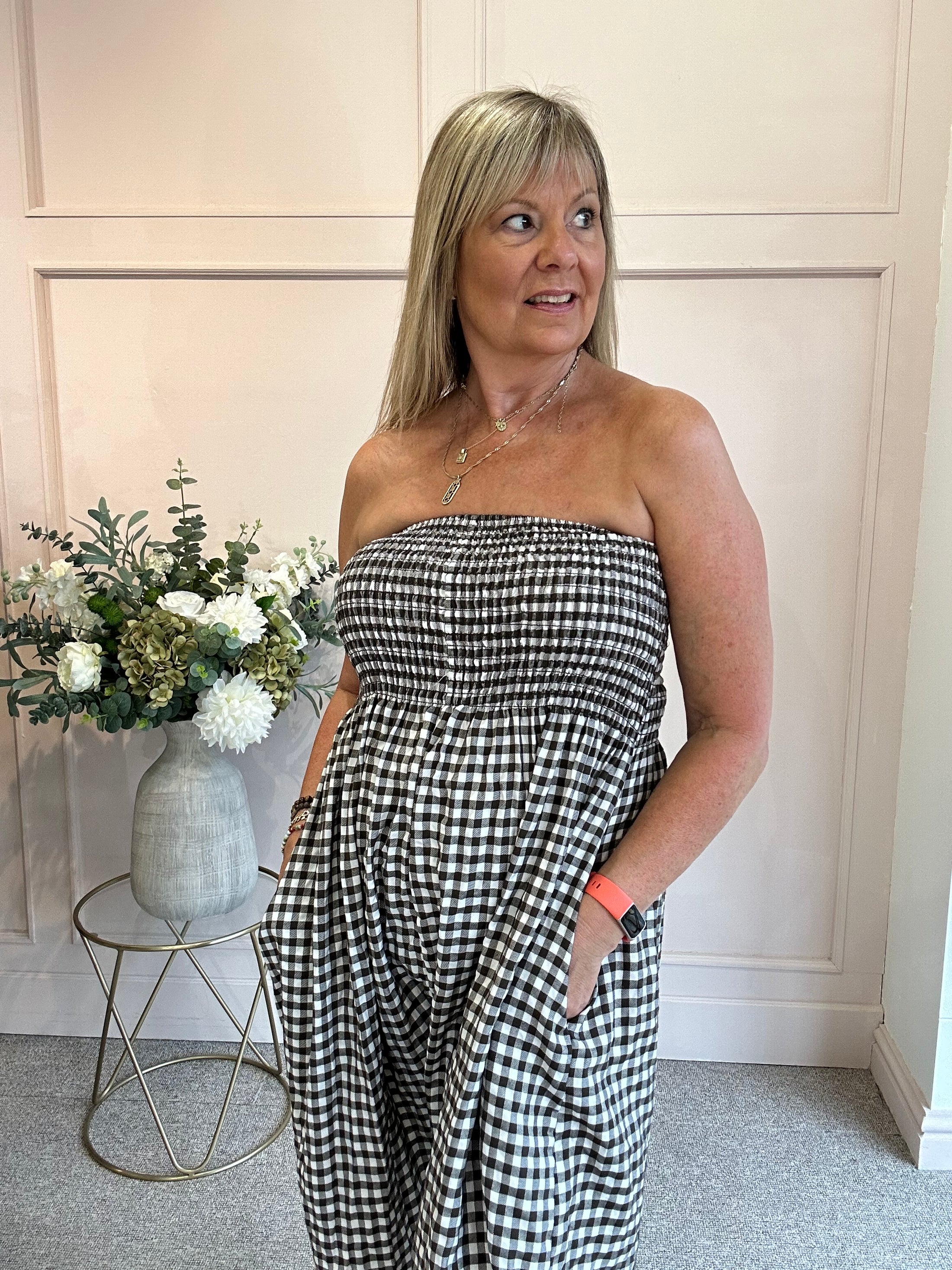 Elasticated Bodice Gingham Jumpsuit - Brown/White One Size