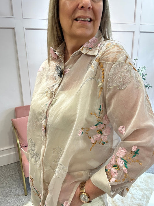 Rose Button Embroidered Shirt  - Soft Coffee - Wardrobe By Simone