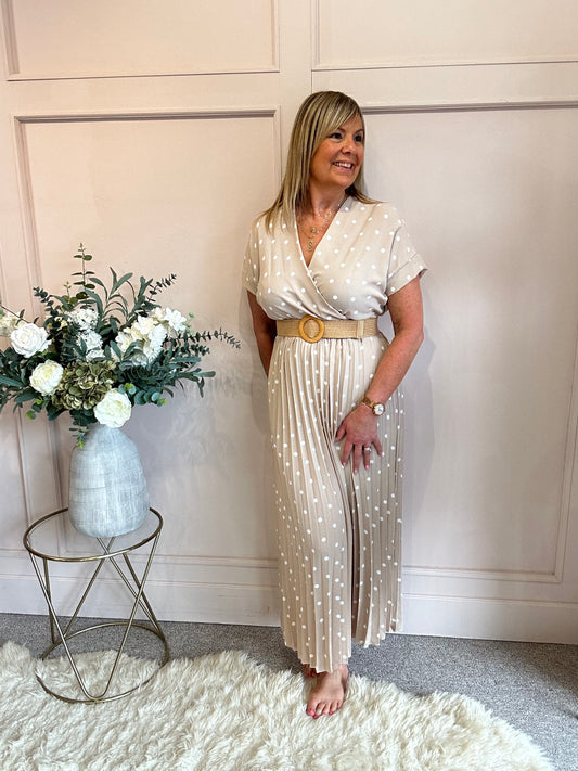 Spotty Pleated Dress- Beige One Size