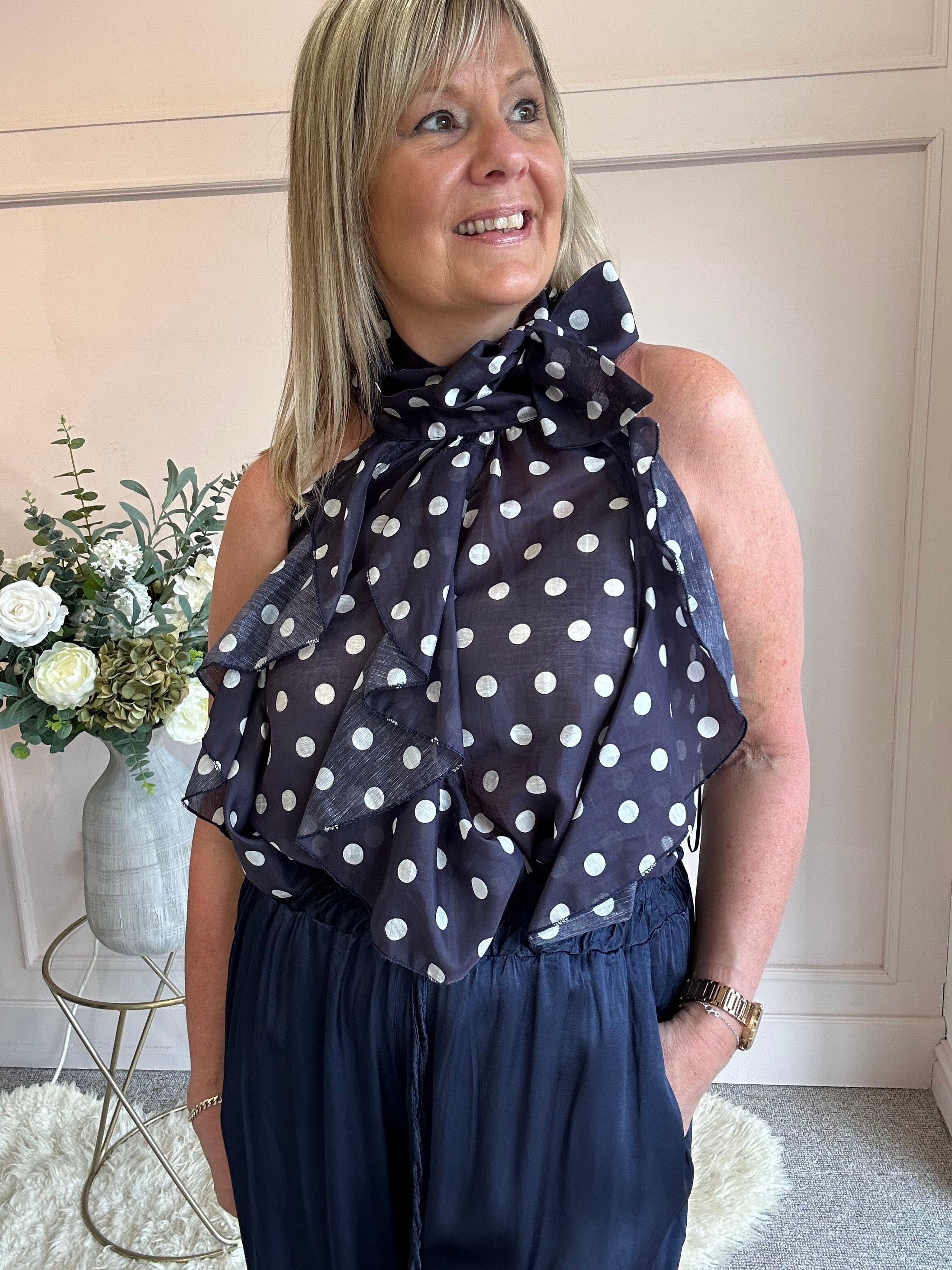 Spotty & Ruffle Top - NavyWhite - Wardrobe By Simone