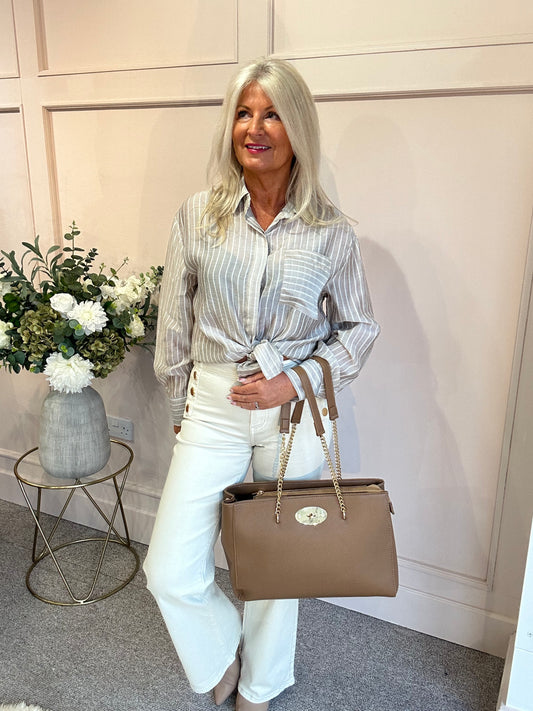 Beige & White Striped Shirt - Beige