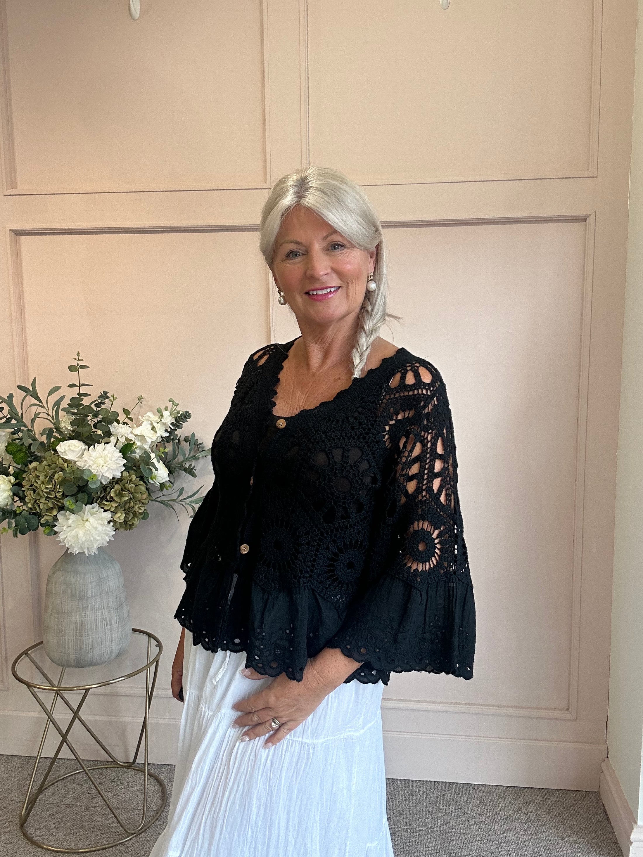 Crochet With Frill Edge Cardigan - Black - Wardrobe By Simone