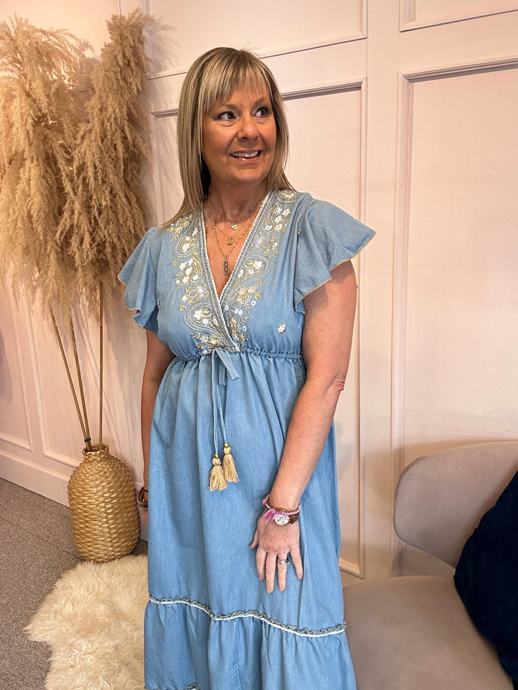 Boho Cap Sleeved Embroidered Dress - Mid Blue - Wardrobe By Simone