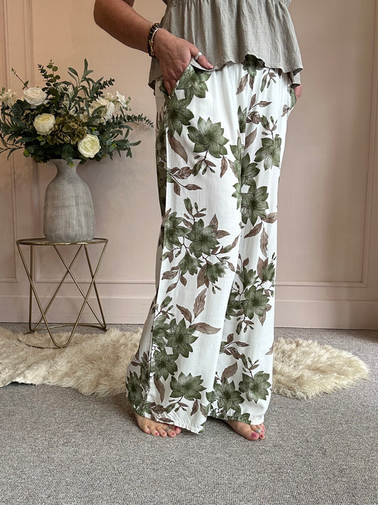 Summer Floral Trouser - Green/Cream - Wardrobe By Simone