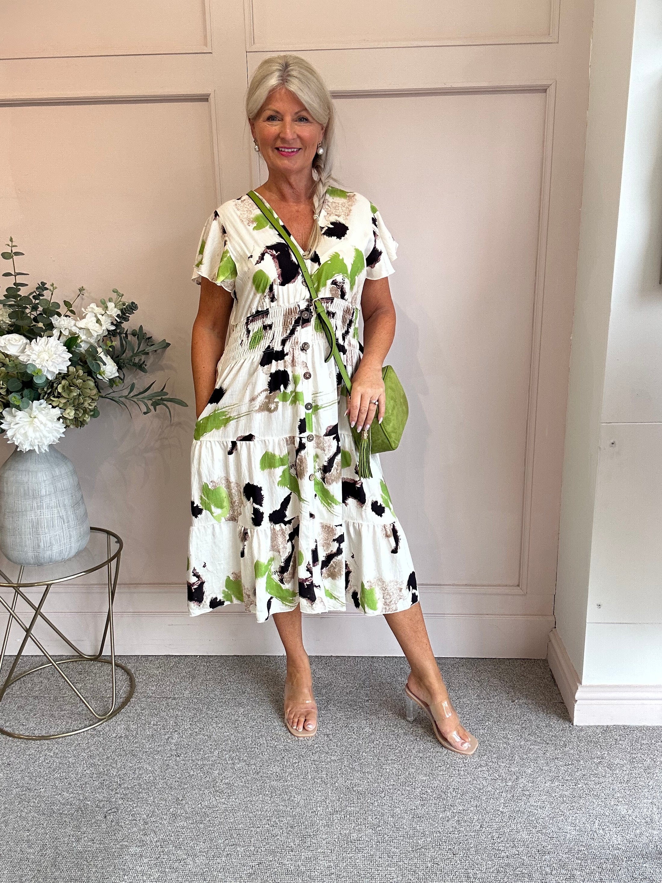 Button Detail Midi dress - Cream/Green/Brown - Wardrobe By Simone