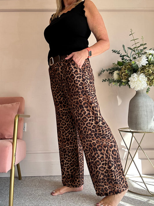 Belted Leopard Wide Pant - Beige/Black - Wardrobe By Simone