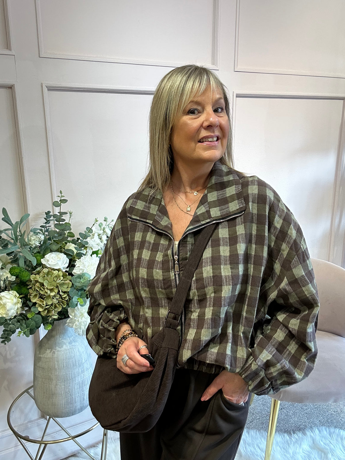 A Checked Zip Jacket - Khaki/Brown - Wardrobe By Simone