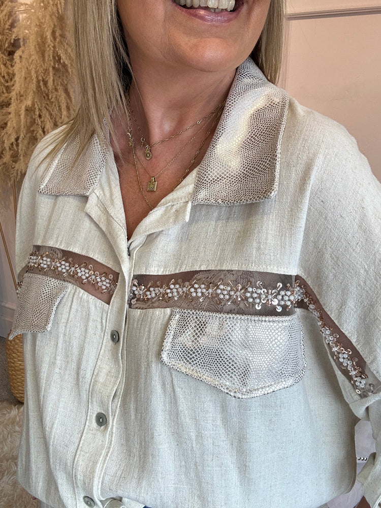 Gold Accents On Oversized Shirt  - Cream
