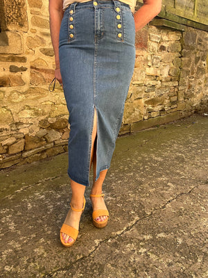 Button Detail Denim Skirt - Blue Denim
