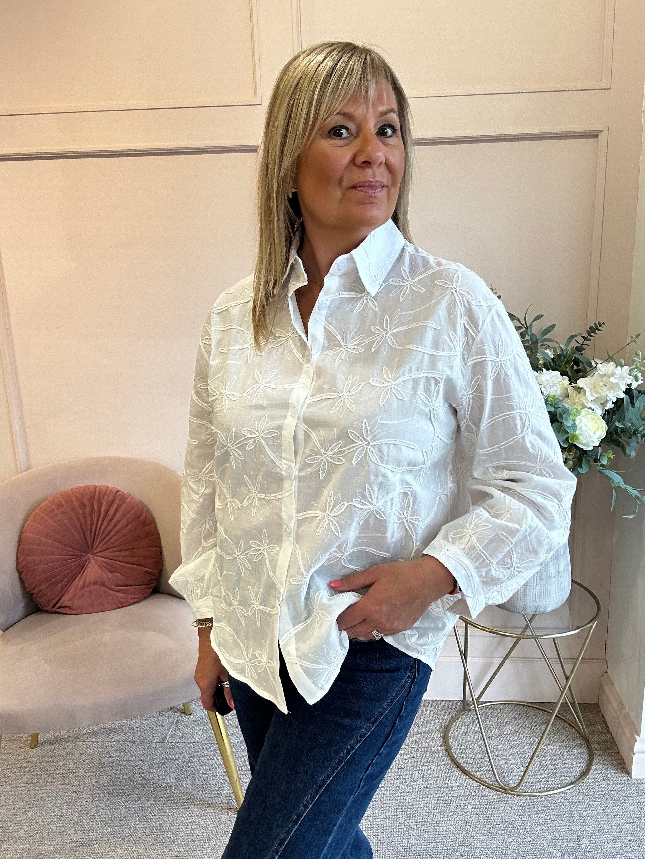 Flower Embroidered  Shirt - White