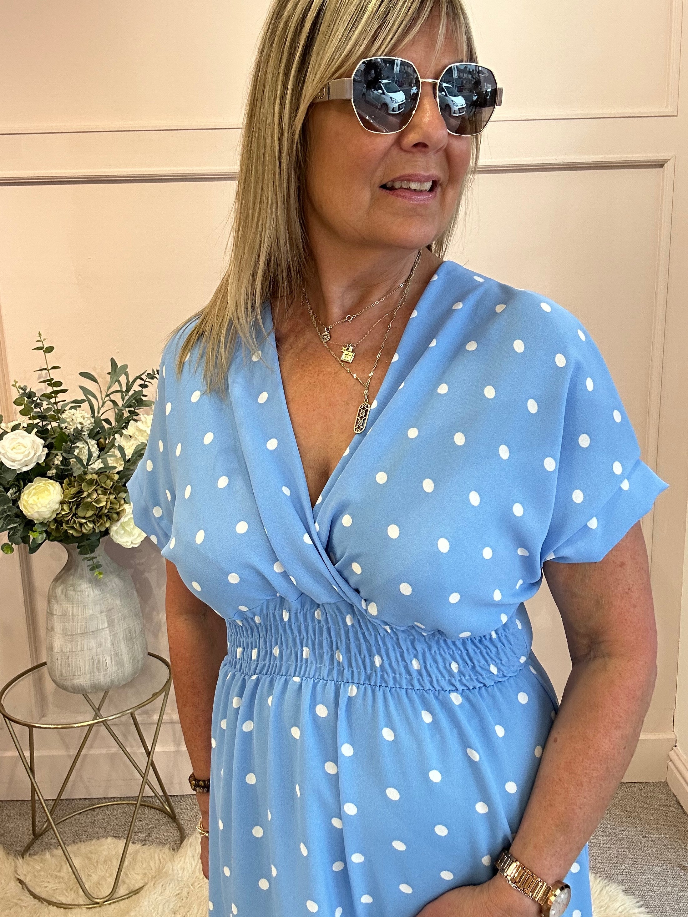 Polkadot V Neck Dress - Cornflower Blue/White One Size