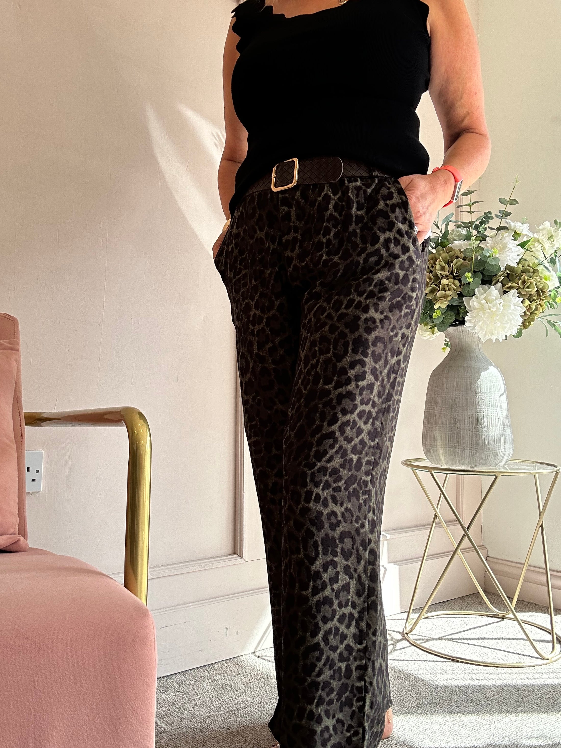 Belted Leopard Wide Pant - Khaki/Black
