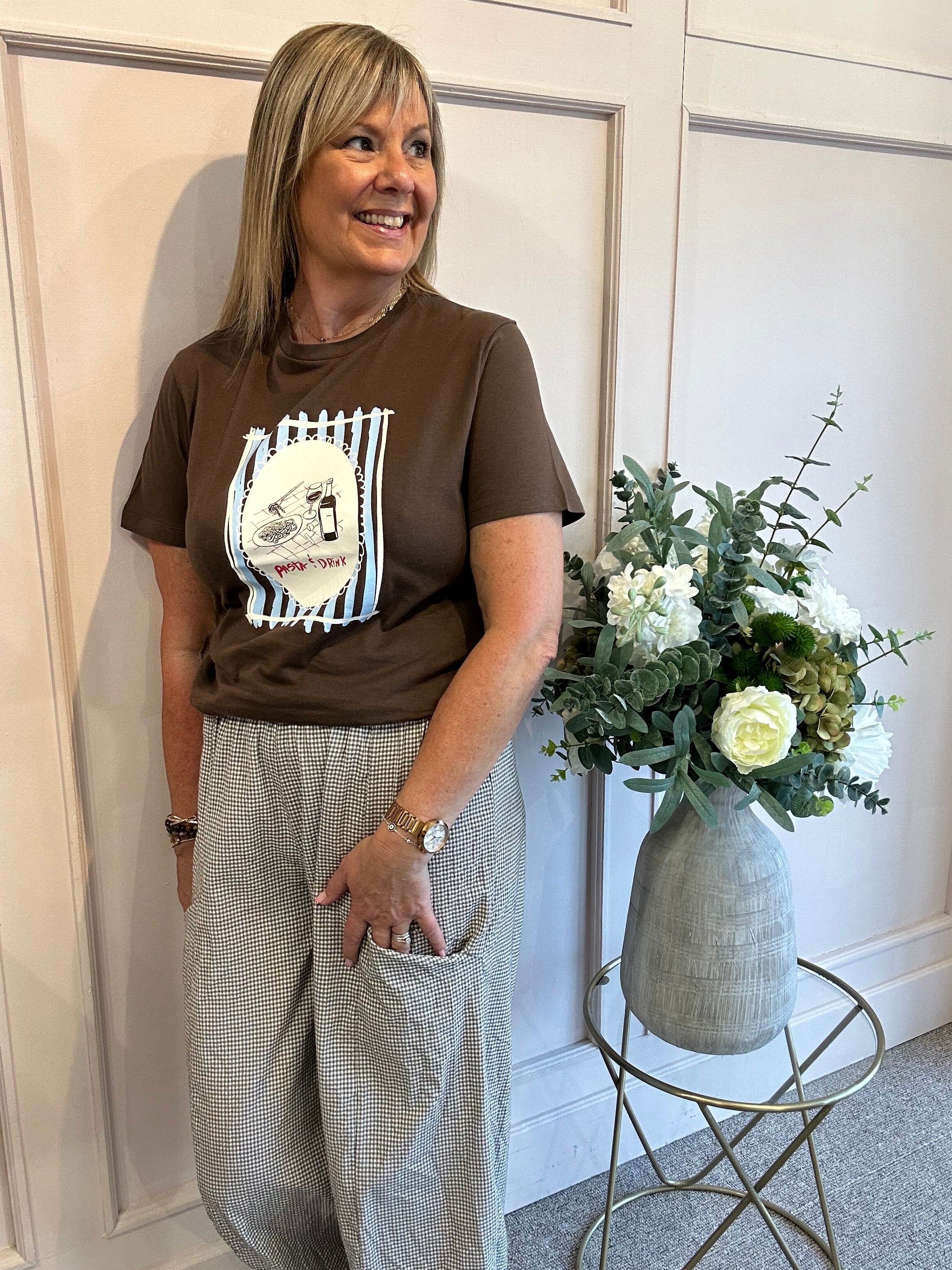 Pasta & Drinks T Shirt  - Brown