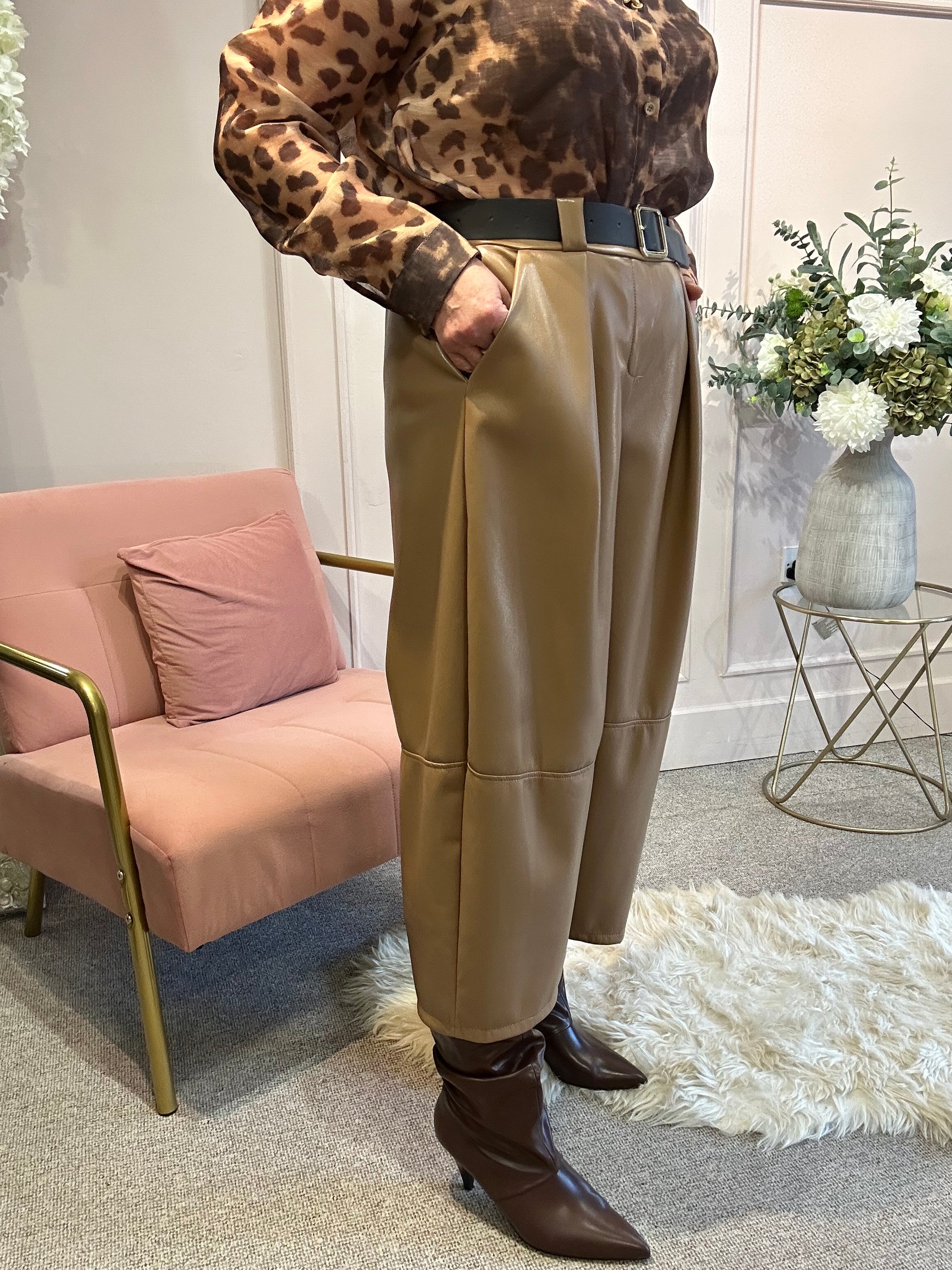Faux Leather Wide Leg Trouser - Caramel