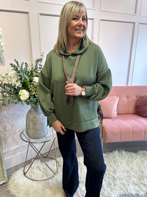 Cosy Leopard Tie Hoody  - Khaki