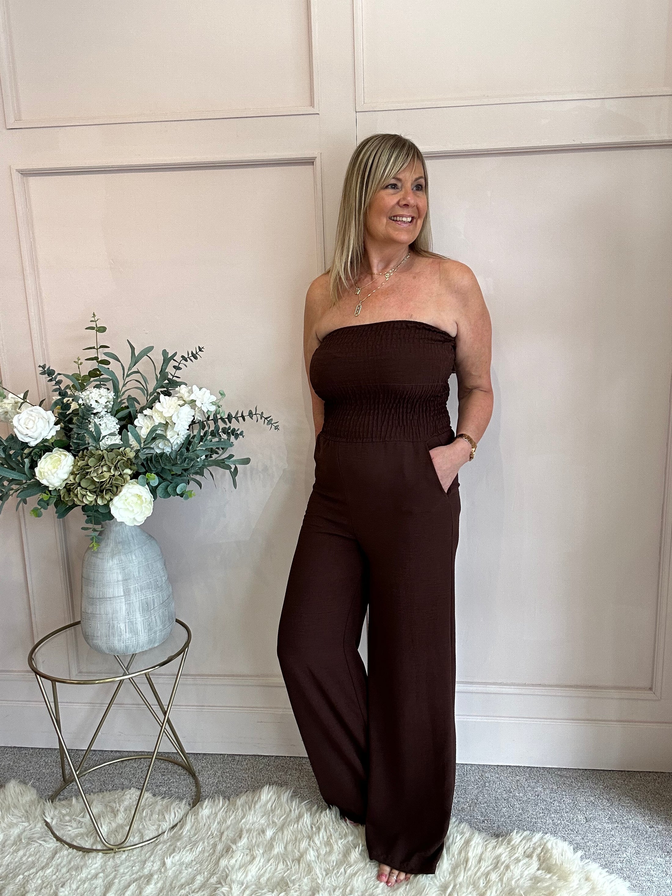 Bardot Elastic Top Wide Leg Jumpsuit Brown -One Side