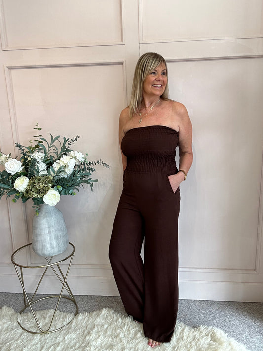 Bardot Elastic Top Wide Leg Jumpsuit Brown -One Side