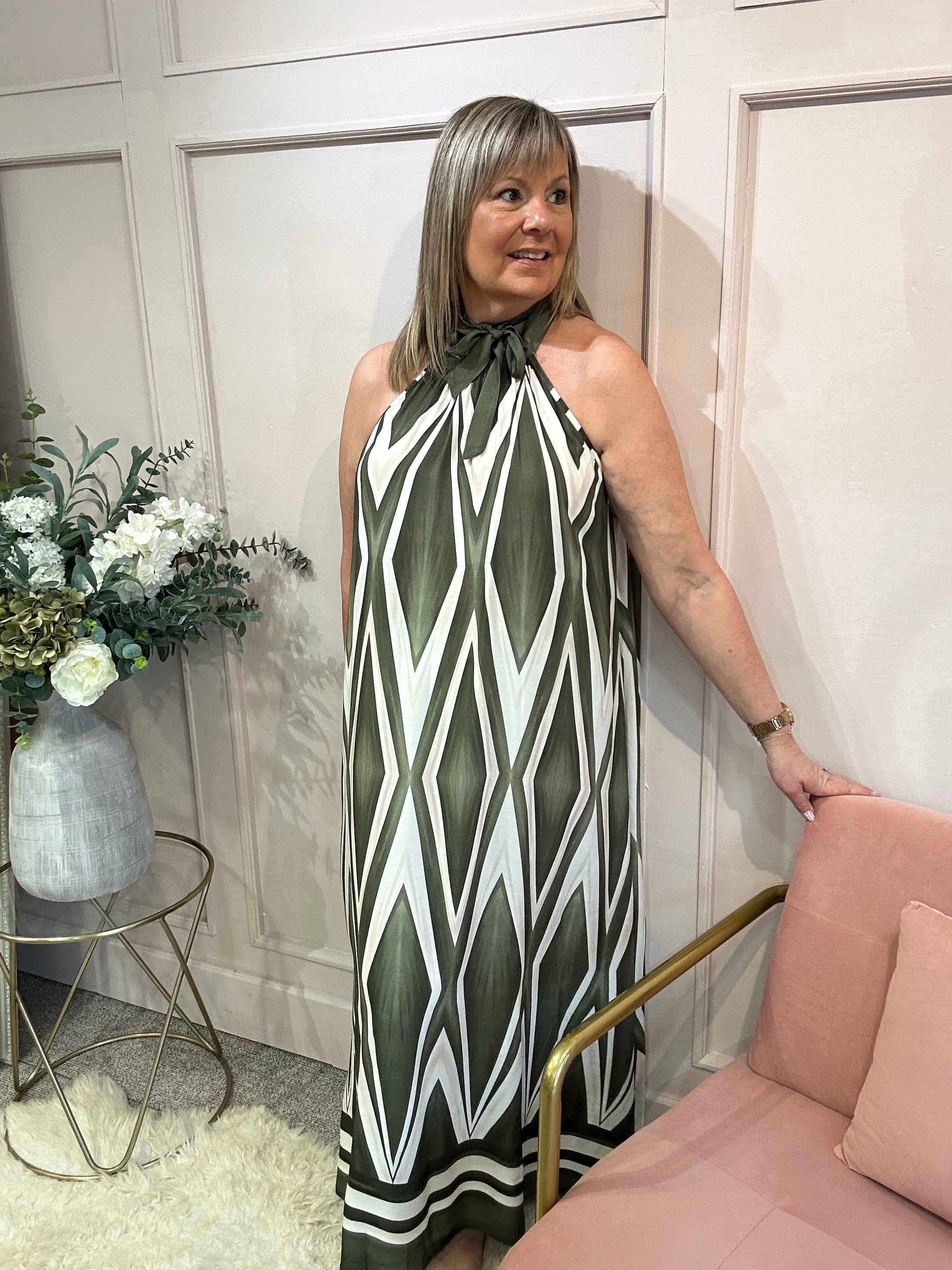 Halter Neck Maxi Dress - Khaki/Cream - Wardrobe By Simone