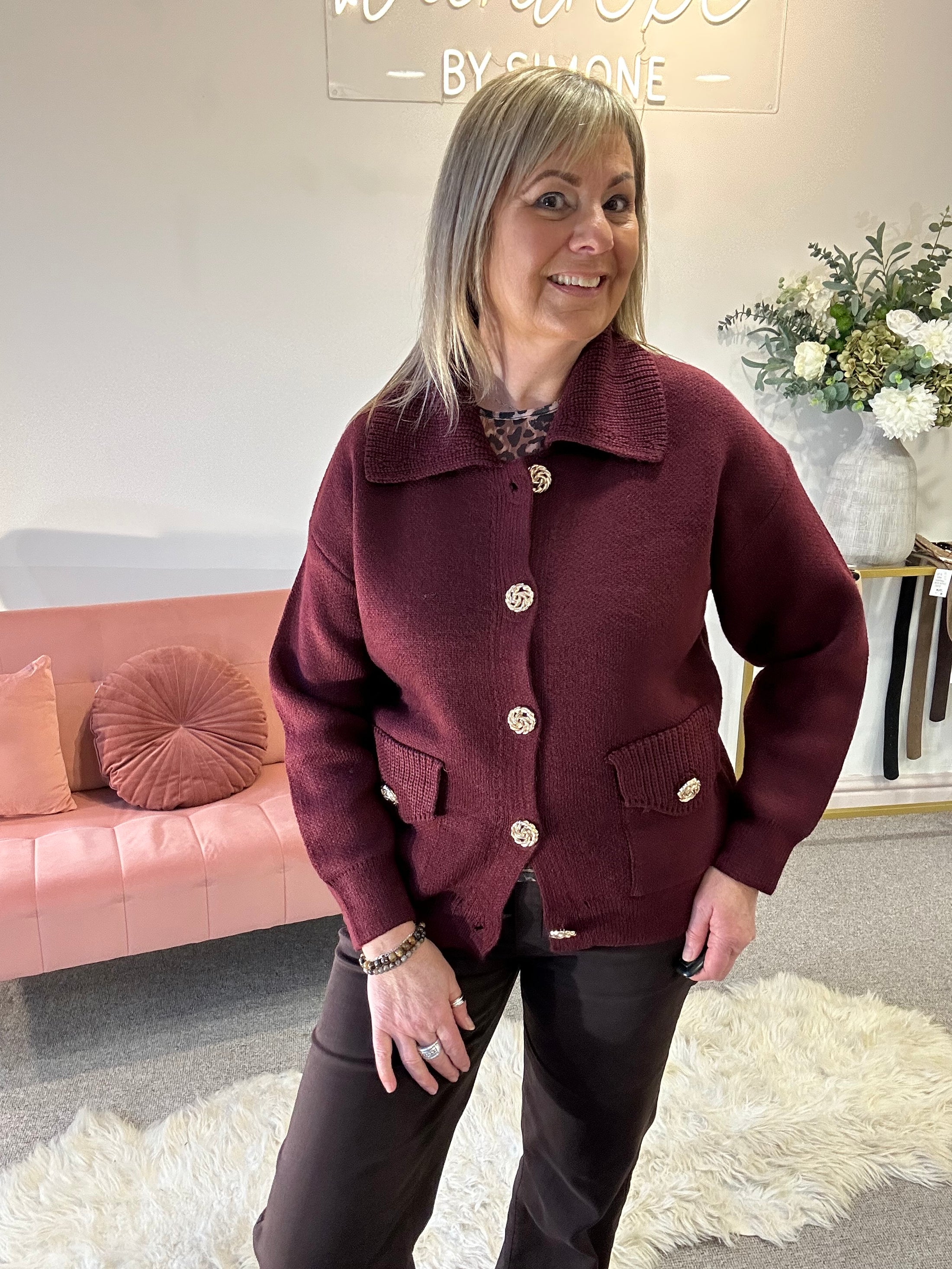 Gold Button Cardi Jacket -  Burgundy