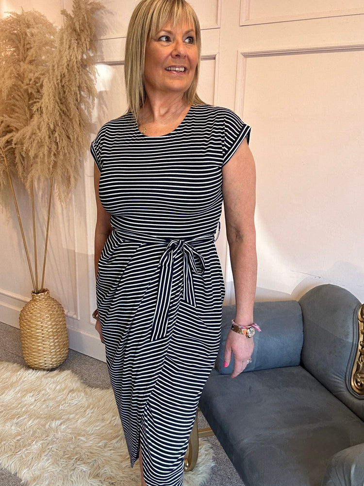Striped Tulip Fold Dress - Navy/White