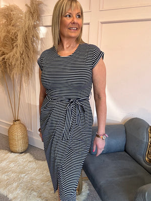 Striped Tulip Fold Dress - Navy/White
