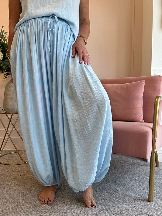 Crinkle Baggy Harem Pant - Pale Blue - Wardrobe By Simone