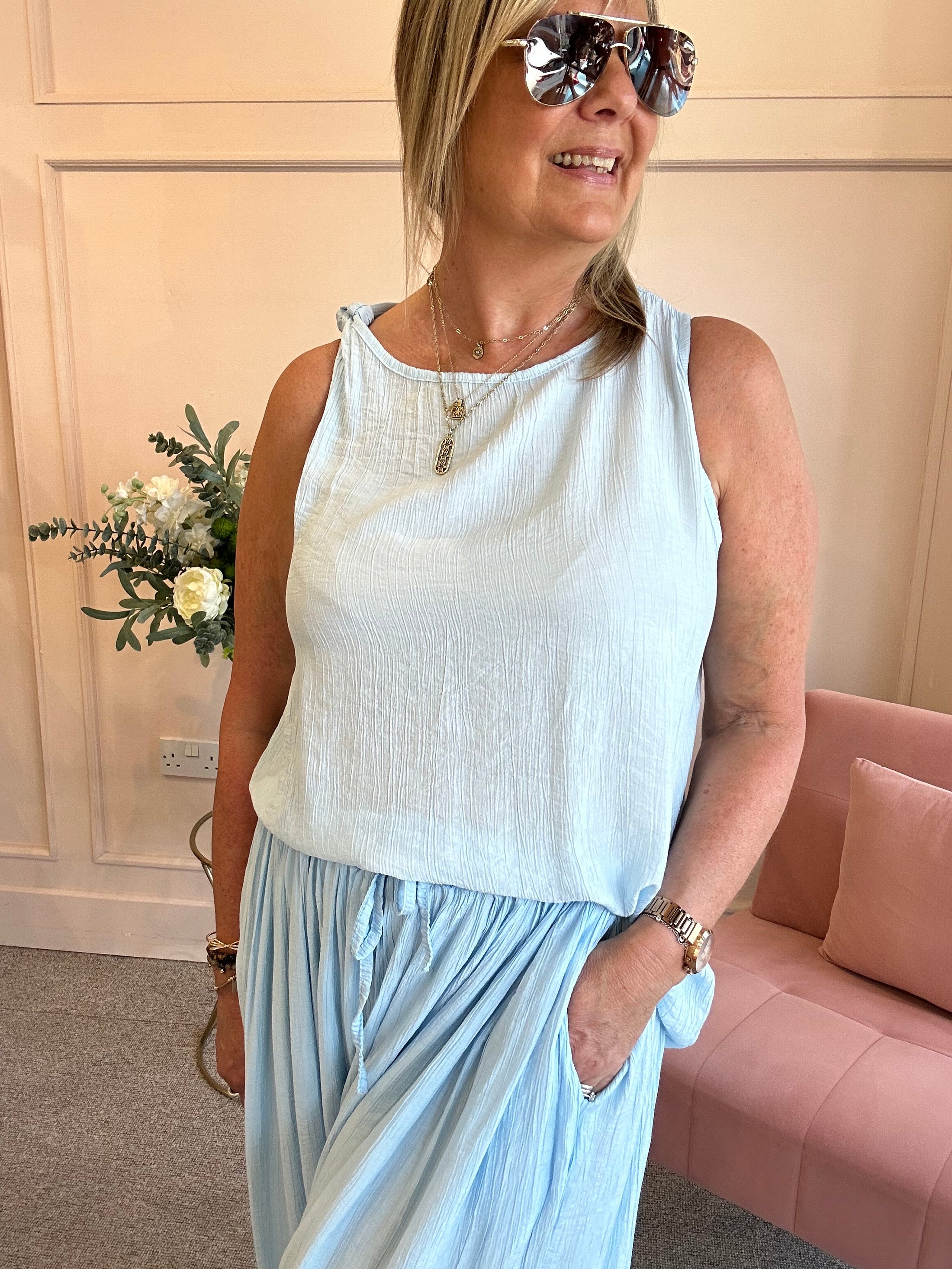 Crinkle Asymmetric Vest Top - Pale Blue