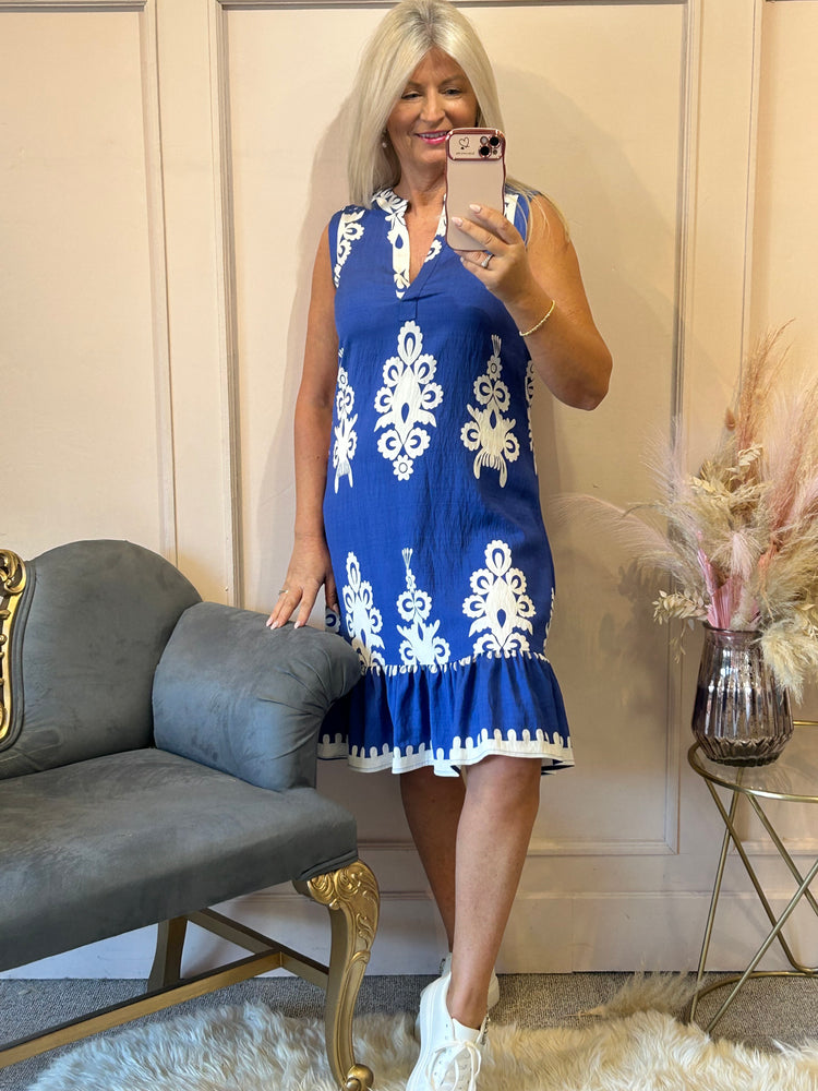 Damask Design Sleeveless Midi Dress - Blue