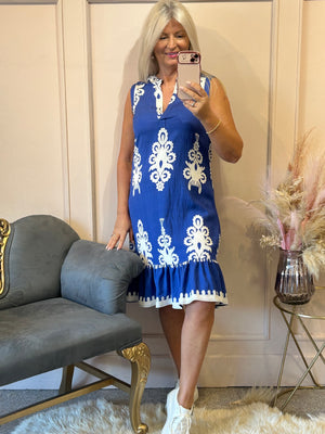 Damask Design Sleeveless Midi Dress - Blue