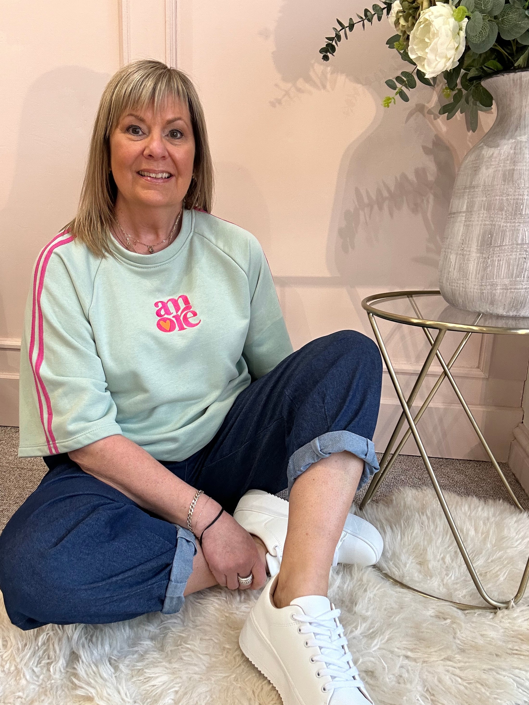 Amore Sweatshirt Jumper - Sage/Fuchsia - Wardrobe By Simone