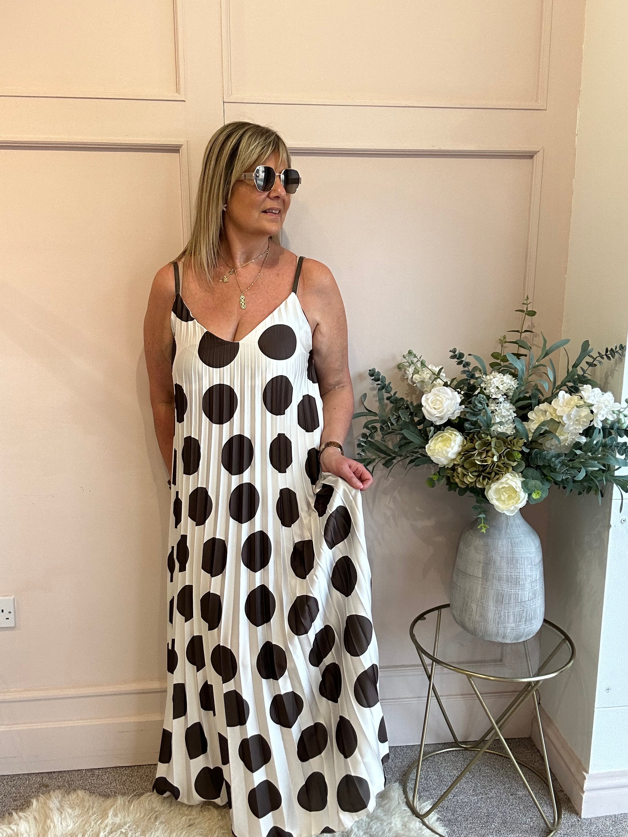 Spotty Dotty Pleated Maxi Sundress- Cream/Brown