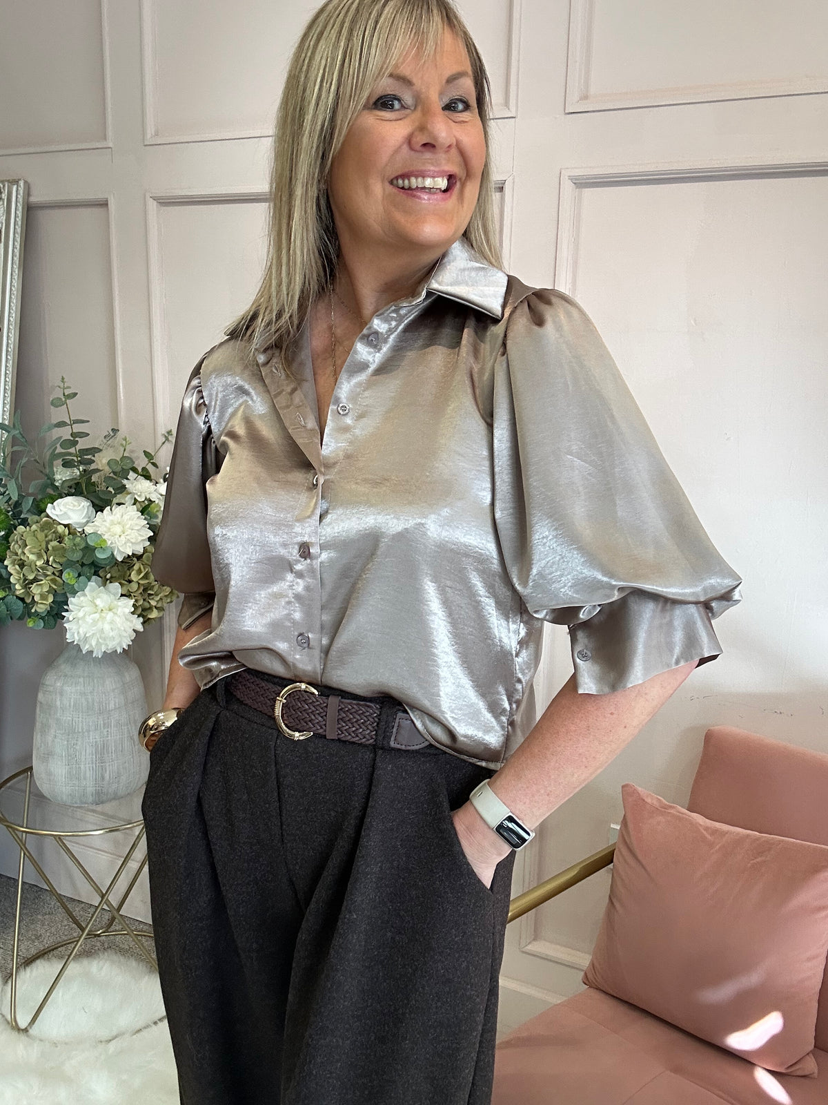 Satin Puff Sleeve Shirt - Champage