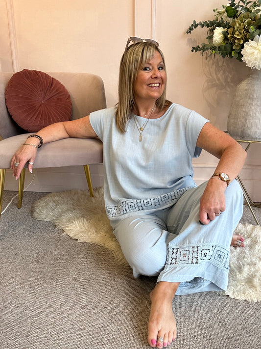 Detailed Edge Top & Pant Set - Soft Blue - Wardrobe By Simone