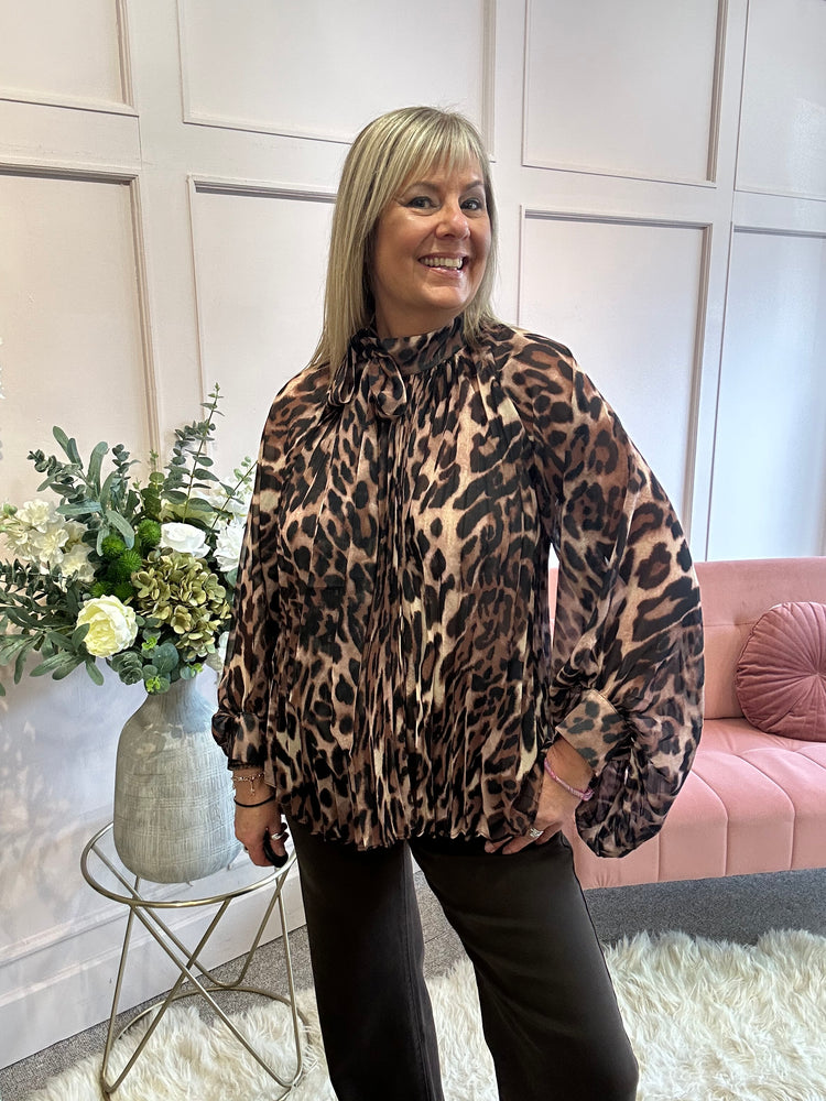 Leopard Floaty Tie Pleated Top - Leopard