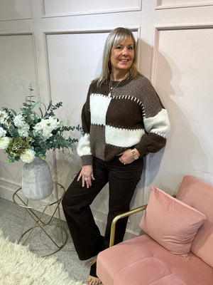 Bold Colour Block Pattern Jumper - Brown/Cream