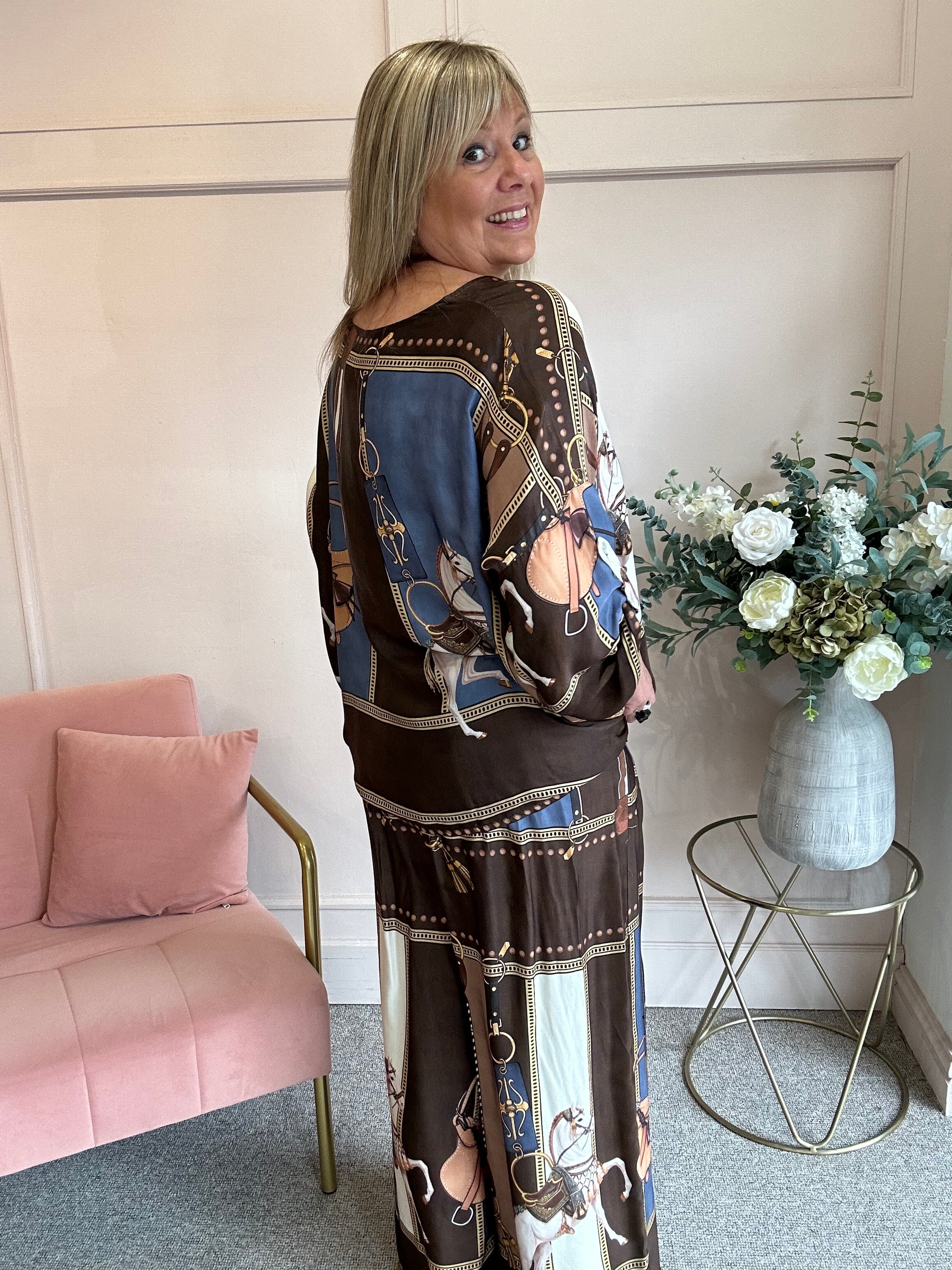 Horse & Bridle Silk Top - Brown/Blue - Wardrobe By Simone