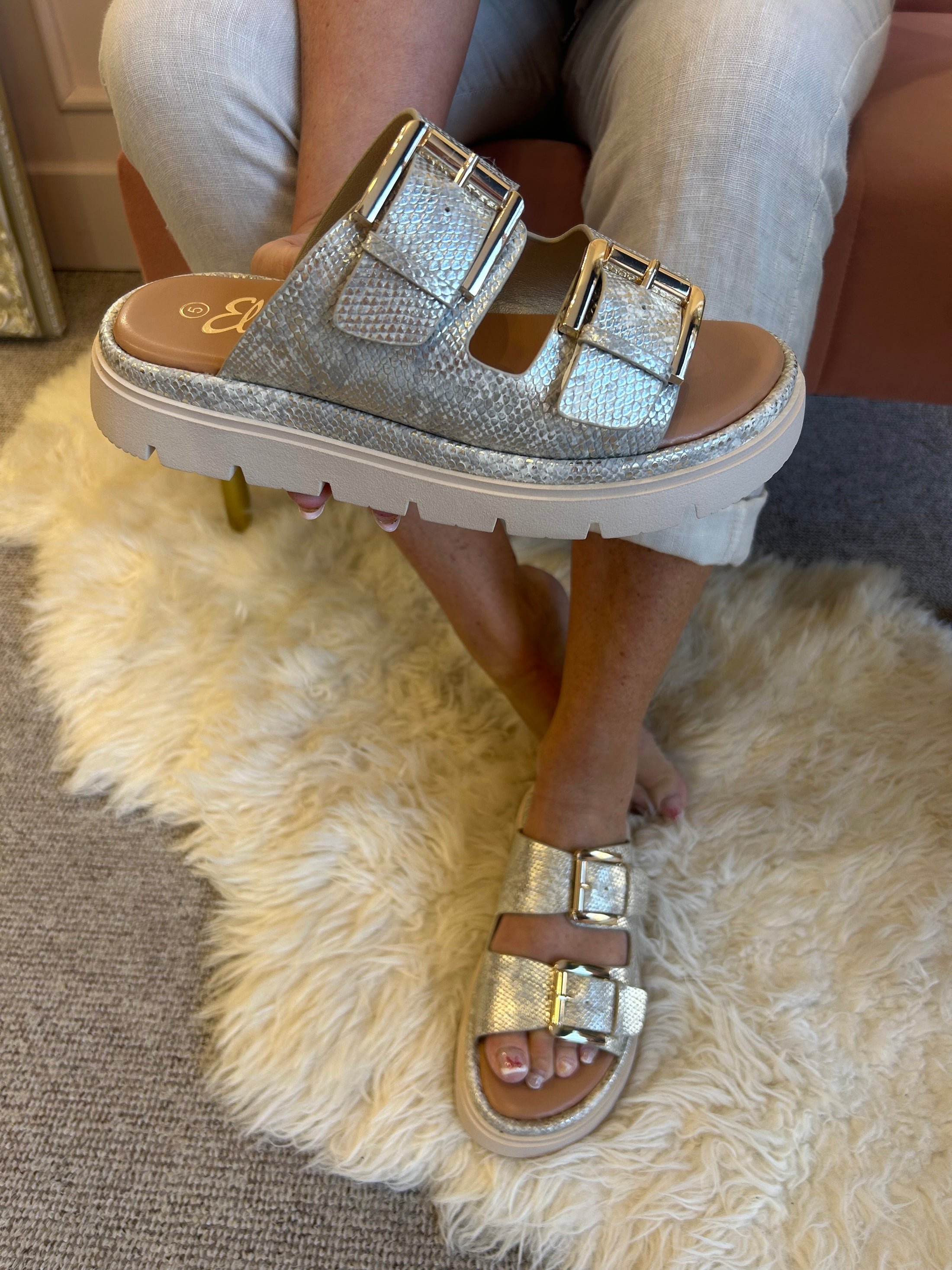 Darcy Gold Buckle Slider Sandal - Gold