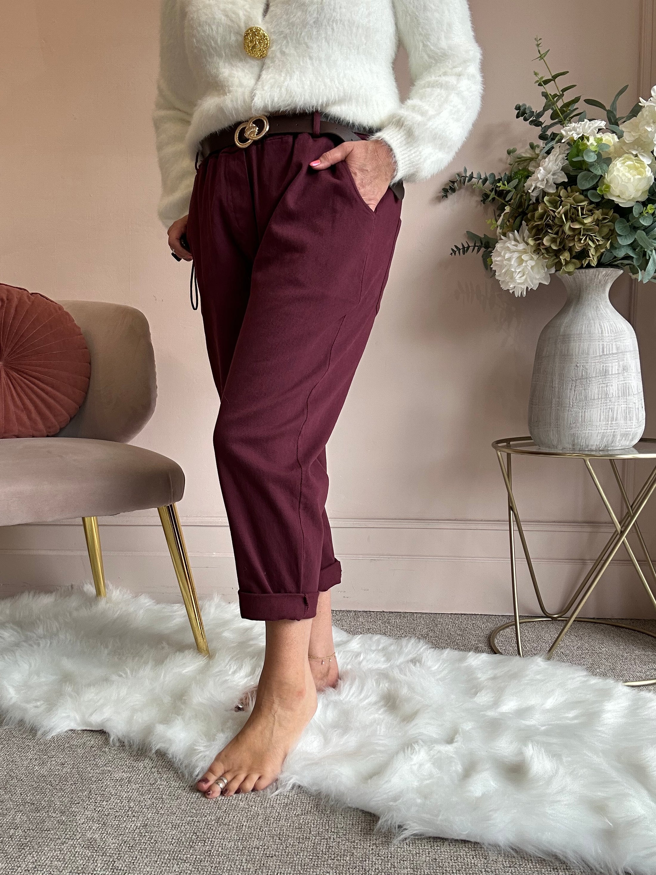 Belted Canvas Pant - Burgundy