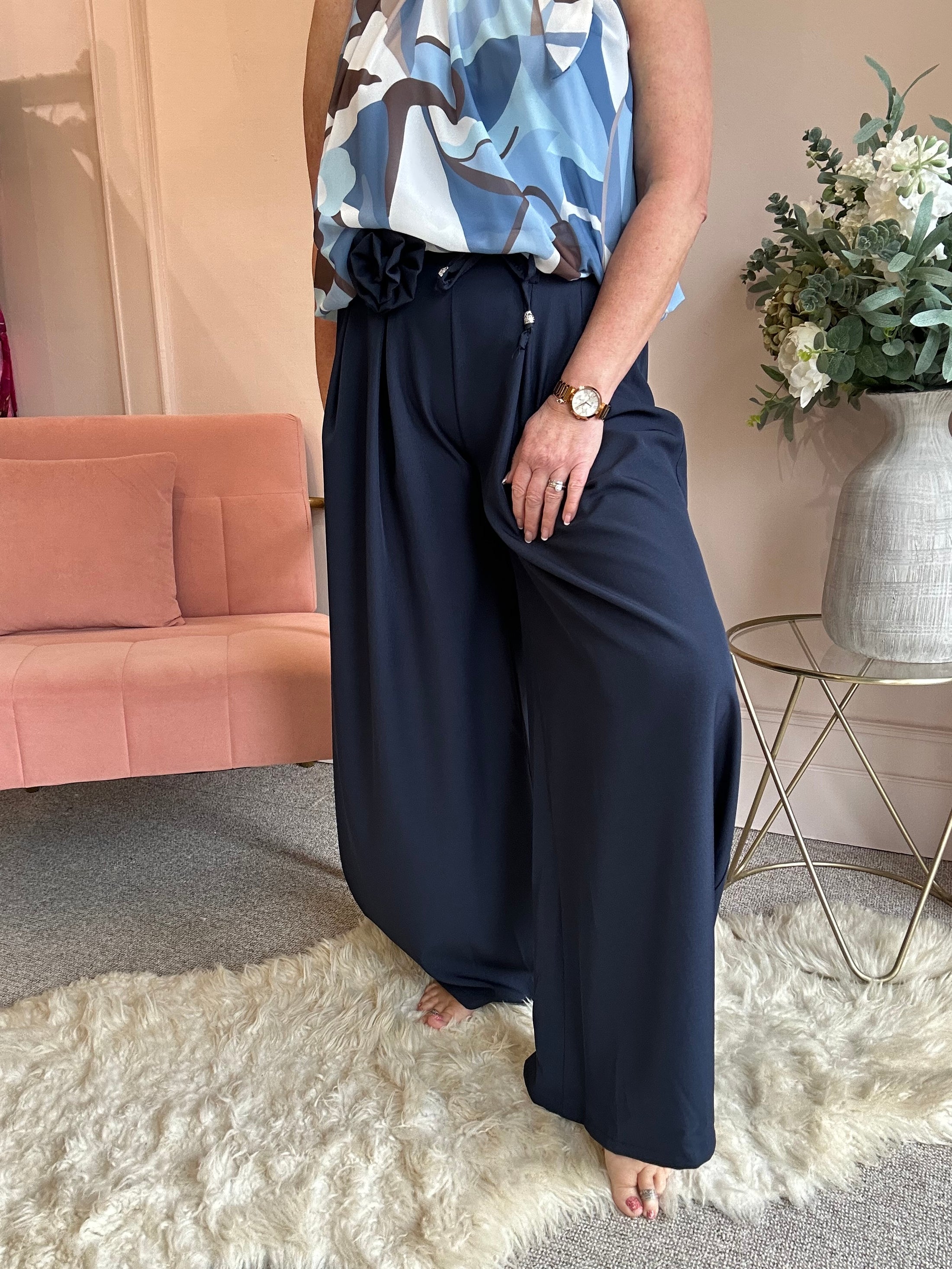 Flower Tie Wide Leg Pant - Navy - Wardrobe By Simone