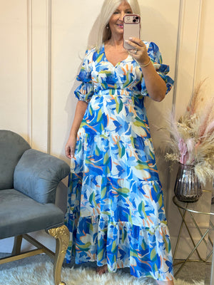 Floral Mix Lily Design Maxi Dress - Blue - Wardrobe By Simone