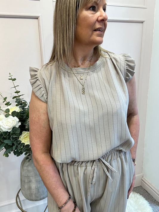 Pinstriped Frill Cap Top & Pant Set - Taupe/Brown - Wardrobe By Simone
