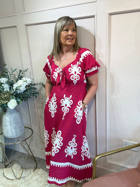 Damask Midi Dress - Cerise Pink/White - Wardrobe By Simone