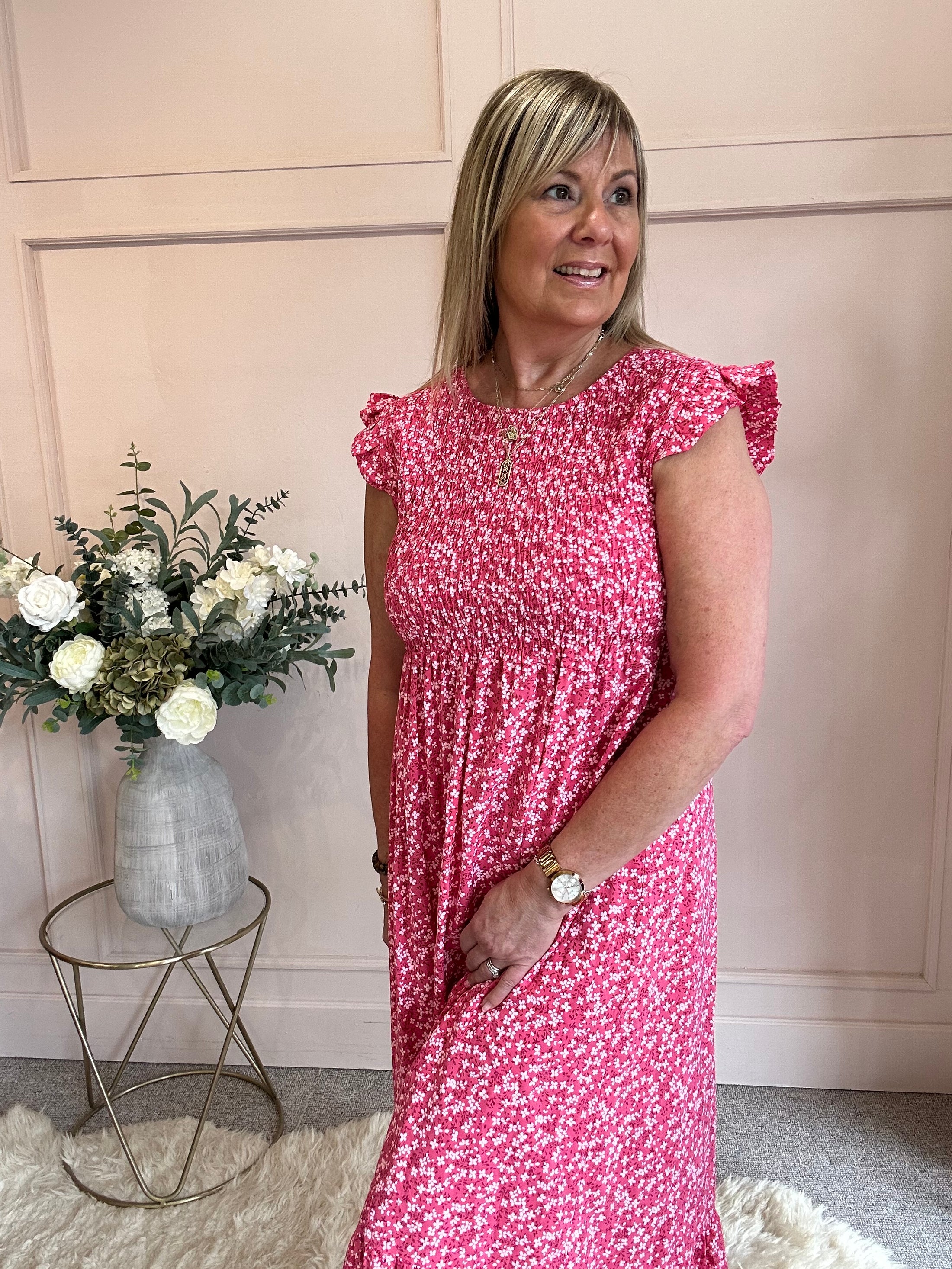 Ditsy Print Dress - Fuchia One Size