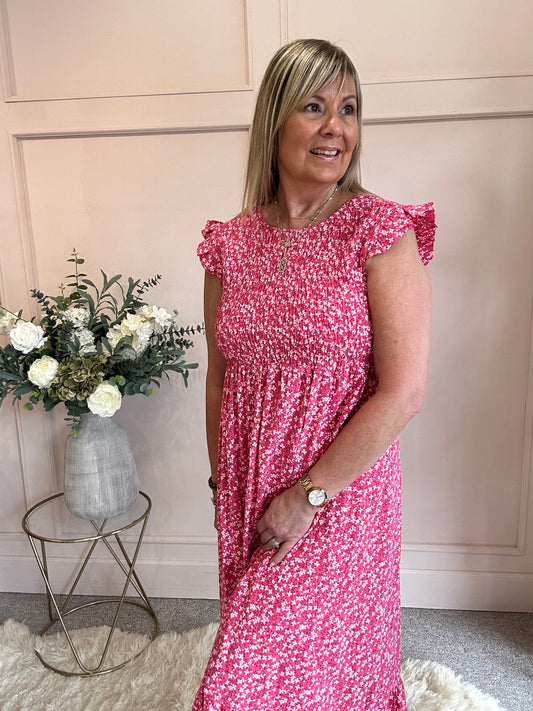 Ditsy Print Dress - Fuchia One Size