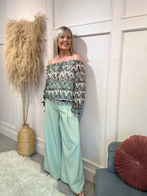 Ruffle Neck Swirl Print Blouse - Green/Beige