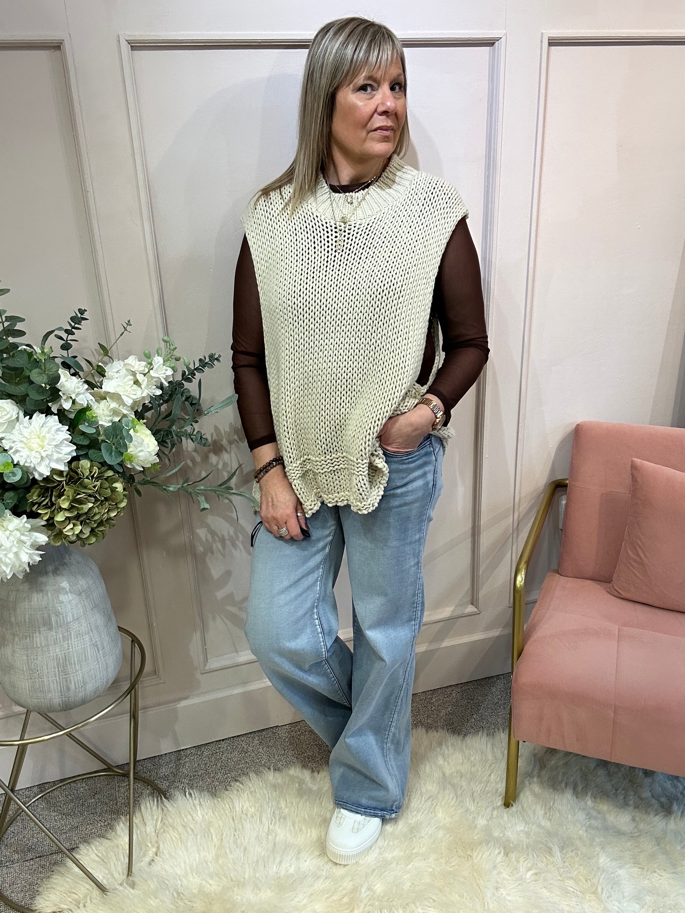 Sleeveless Over Knit - Beige - Wardrobe By Simone