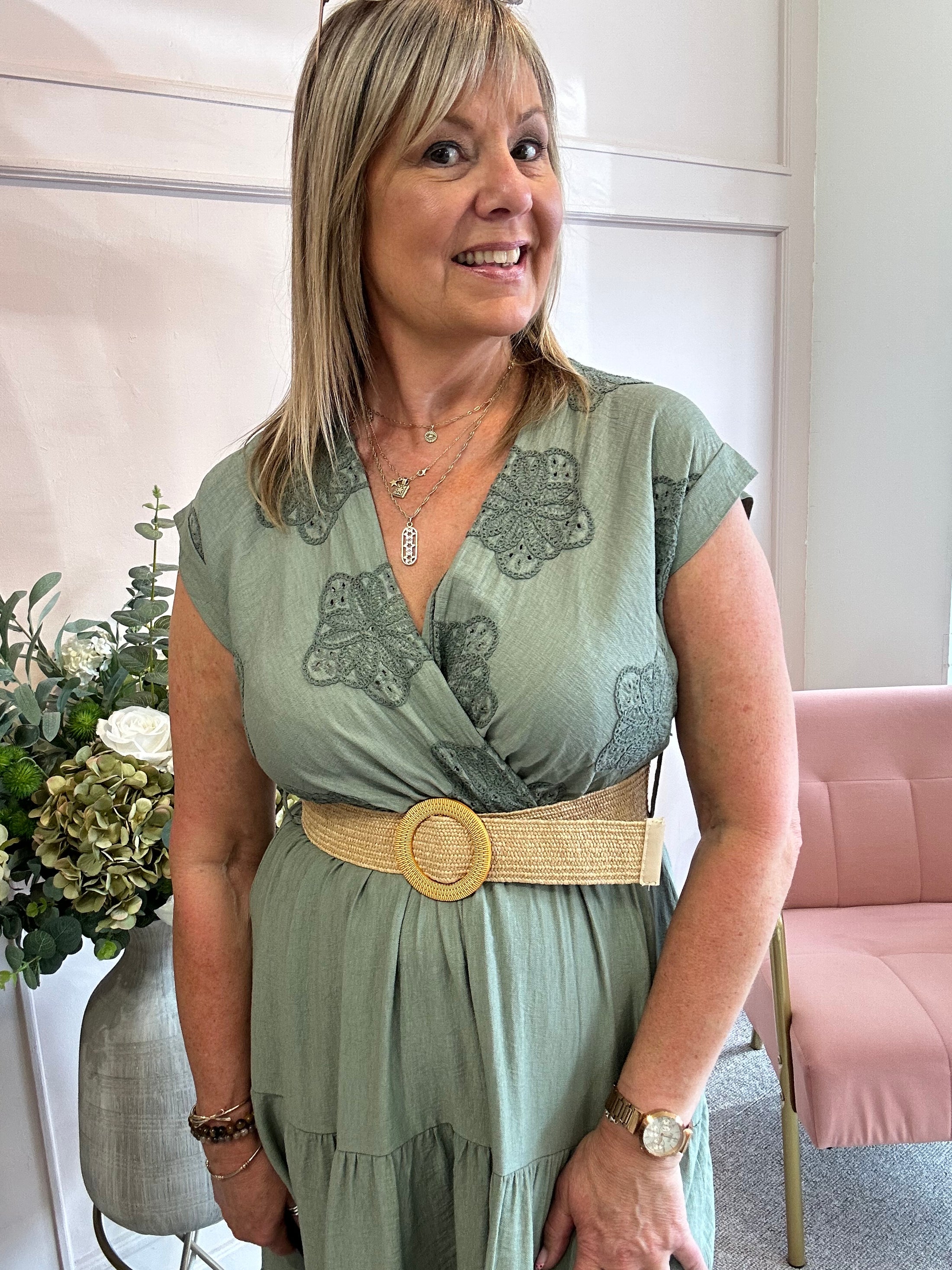 Flower Detail Belted Midi Dress - Khaki