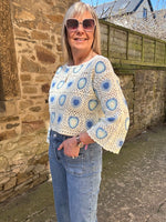 Crochet Spiral Detail Jumper - Cream/Blue