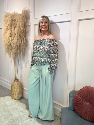 Ruffle Neck Swirl Print Blouse - Green/Beige