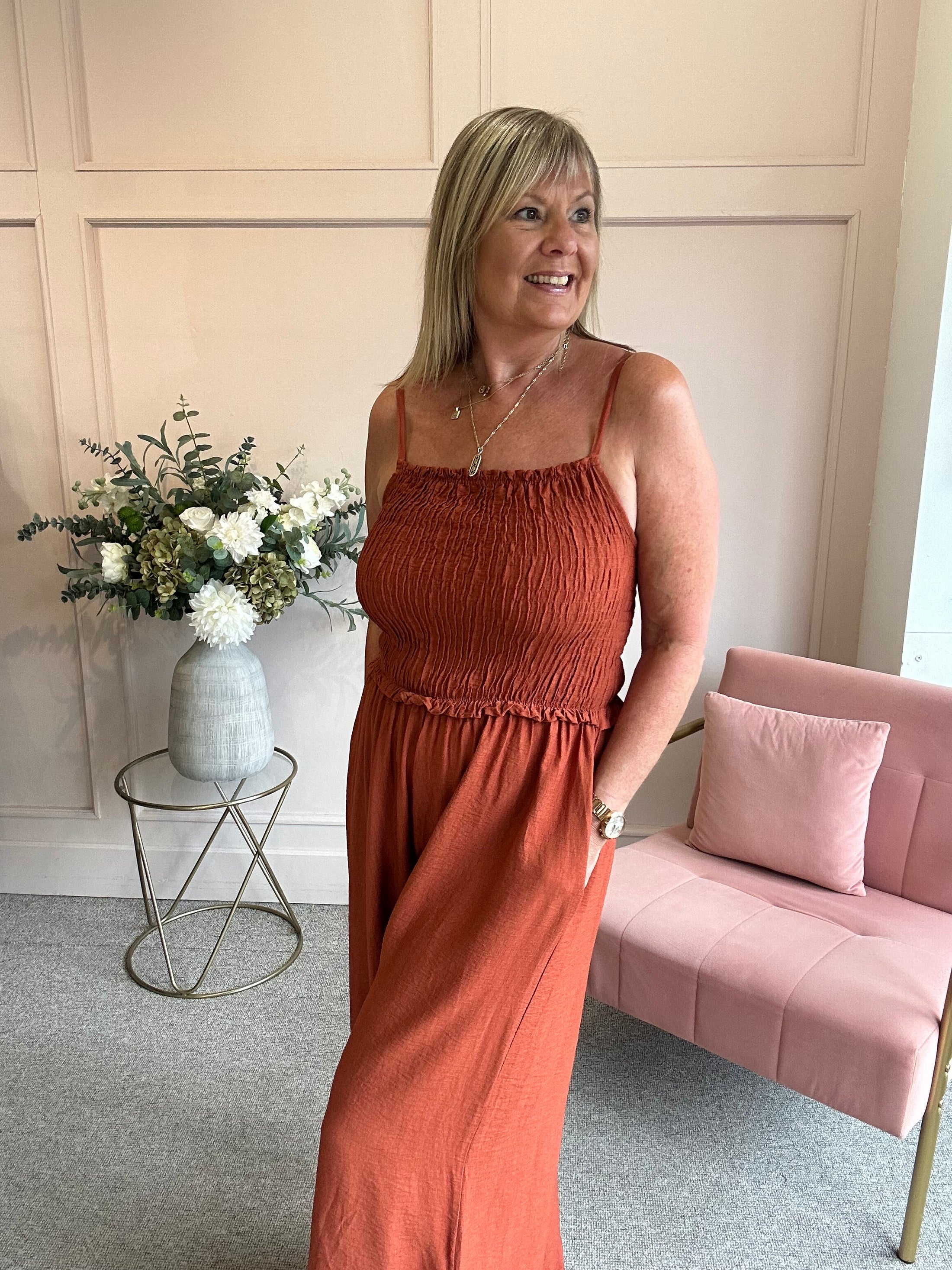 Elasticated Bodice & Wide Leg Jumpsuit - Rust